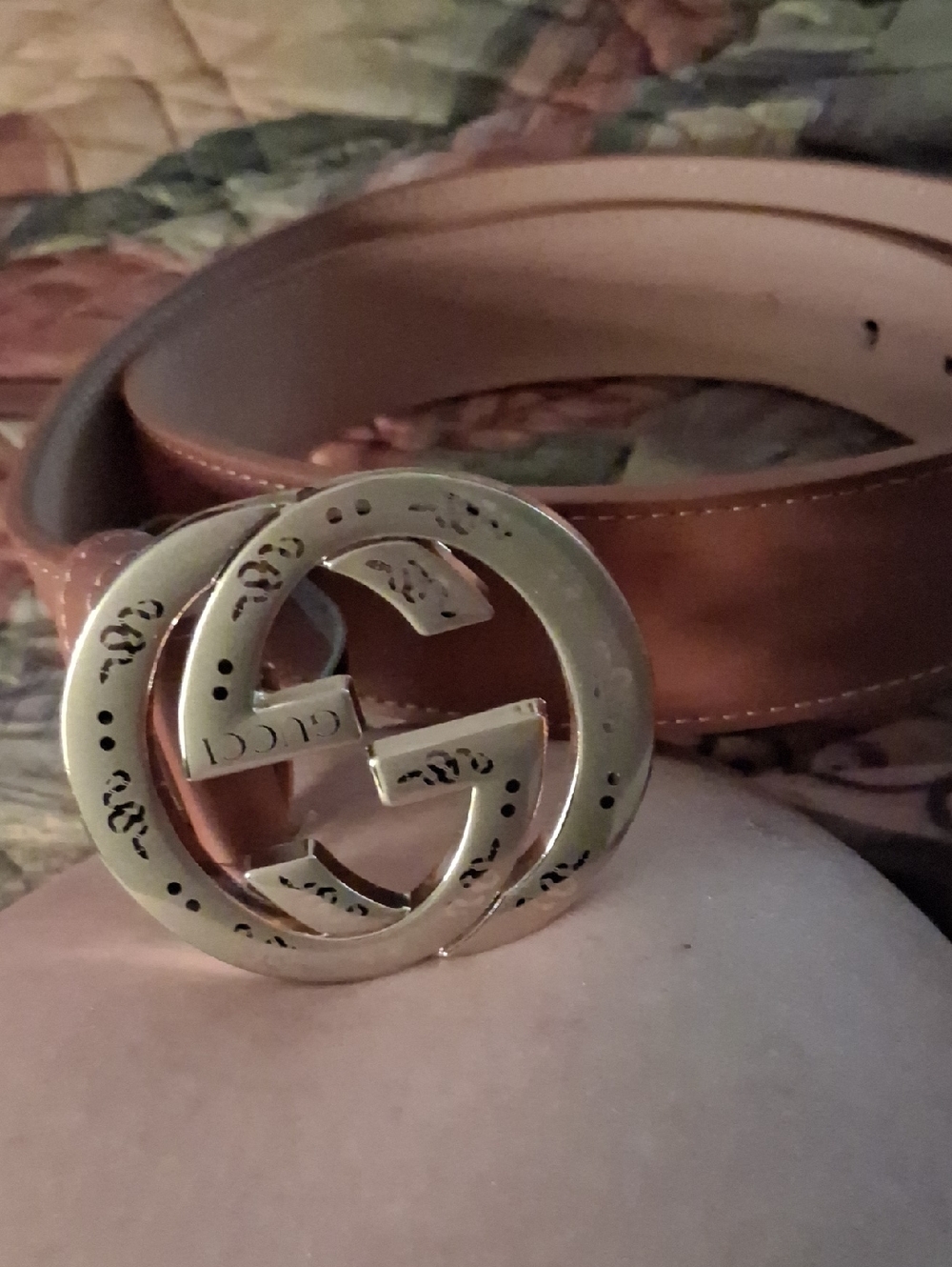 Gucci Beige Leather Belt with Gold Logo Stamp